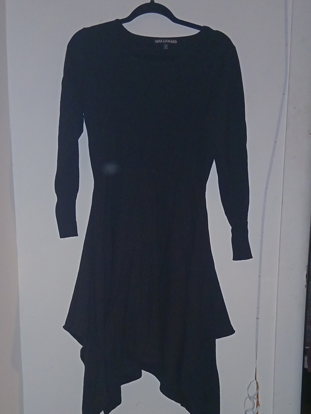 Nina Leonard Black Long-Sleeve Handkerchief Hem Dress